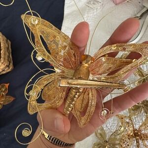 Sparkling Gold Butterfly Embellishments Clip On Set of 5 Holiday Decor Accents
